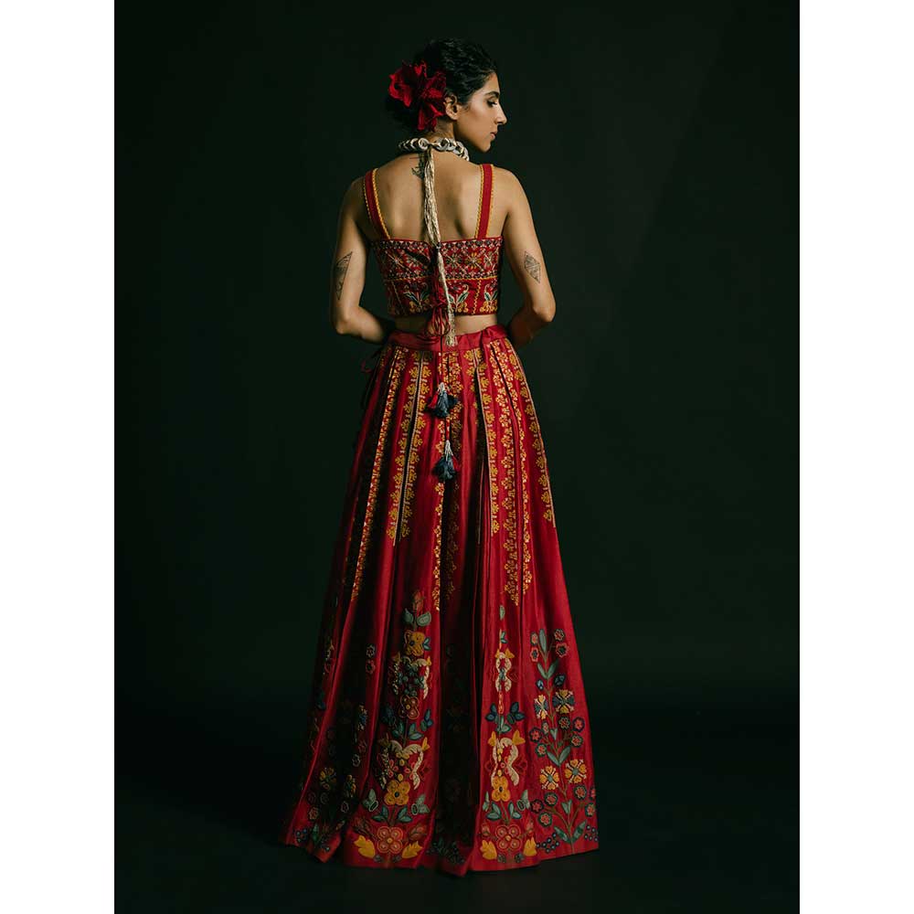 CHANDRIMA Red Kala Cotton Embellished Bustier