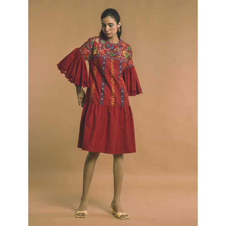 CHANDRIMA Red Kala Cotton Embroidered Dress