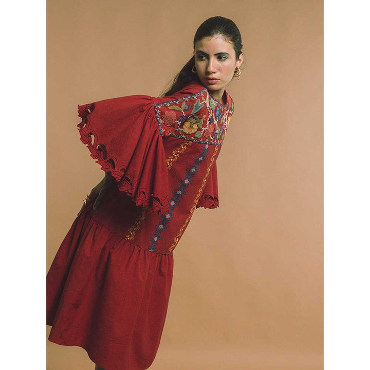 CHANDRIMA Red Kala Cotton Embroidered Dress