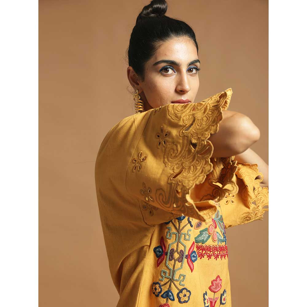 CHANDRIMA Yellow Kala Cotton Dress Kurta