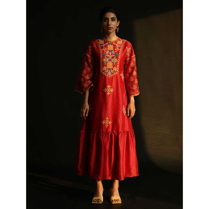 CHANDRIMA Red Gathered Chanderi Dress With Yoke Detail