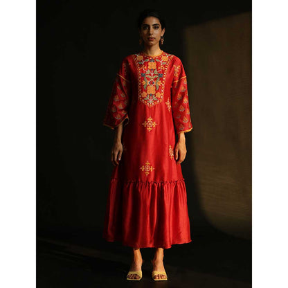 CHANDRIMA Red Gathered Chanderi Dress With Yoke Detail