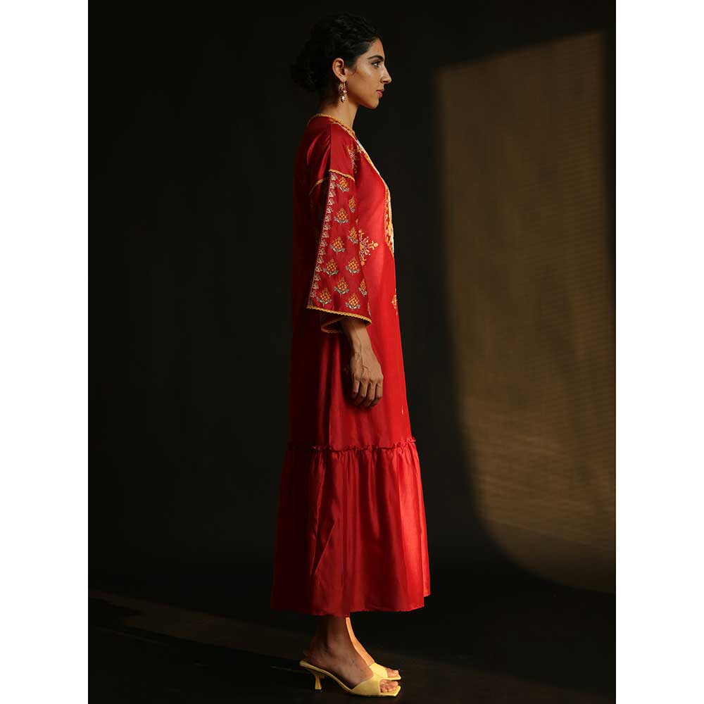 CHANDRIMA Red Gathered Chanderi Dress With Yoke Detail