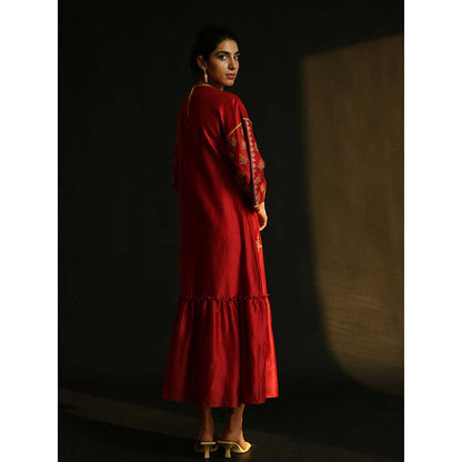 CHANDRIMA Red Gathered Chanderi Dress With Yoke Detail