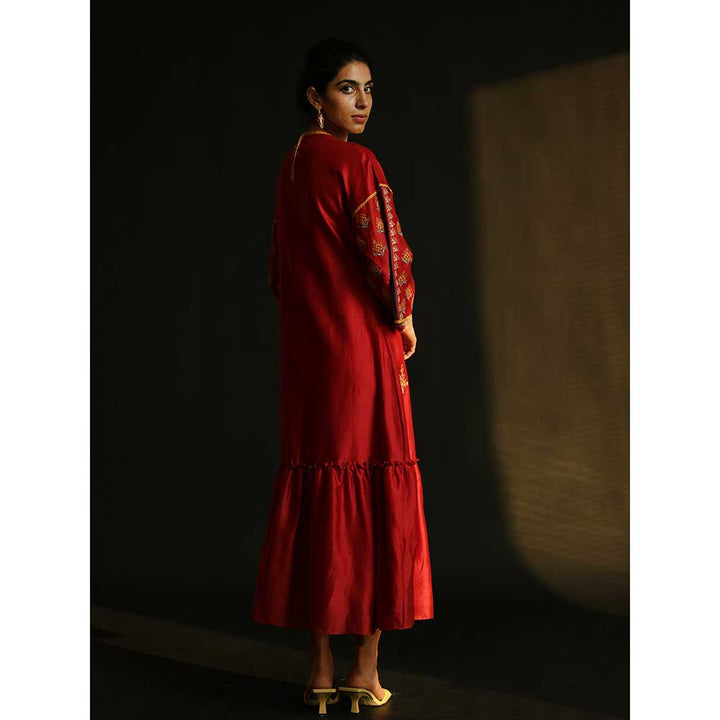 CHANDRIMA Red Gathered Chanderi Dress With Yoke Detail