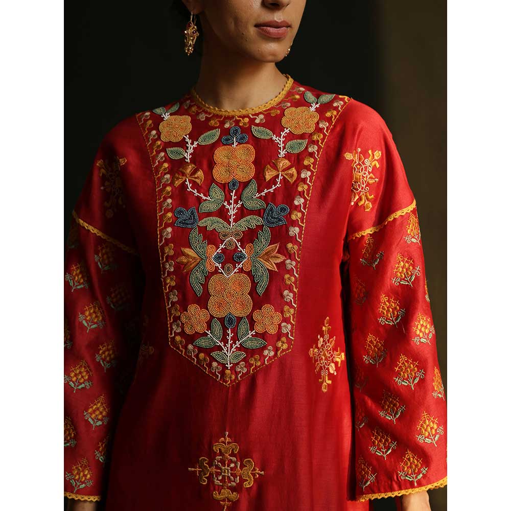 CHANDRIMA Red Gathered Chanderi Dress With Yoke Detail