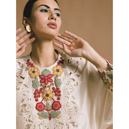 CHANDRIMA Ivory Chanderi Gathered Kimono Dress