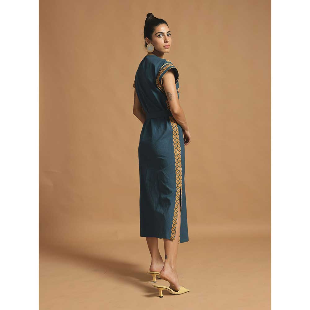 CHANDRIMA Blue Kala Cotton Slit Dress With Belt