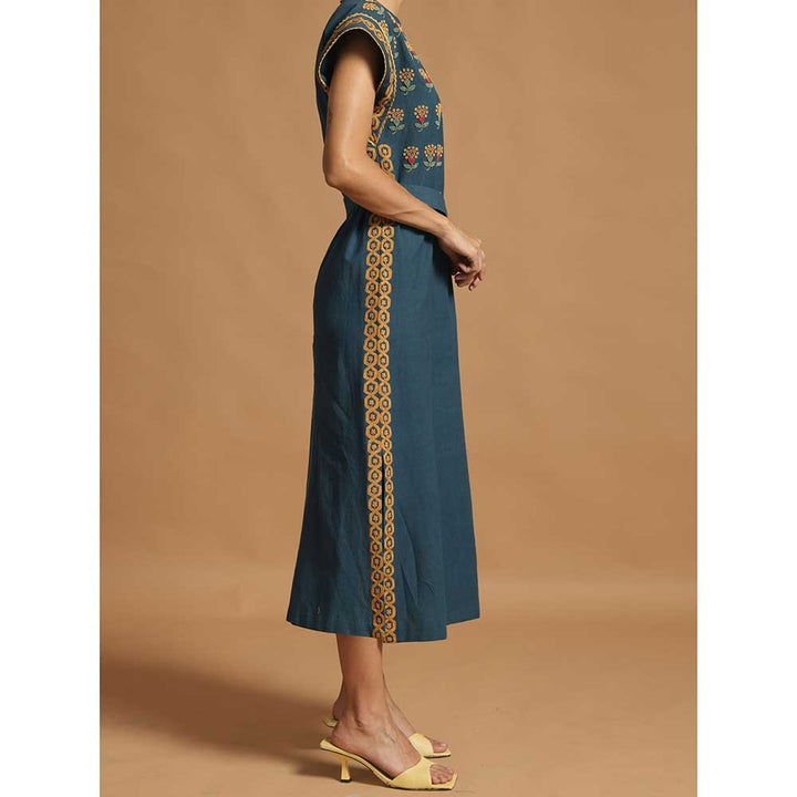 CHANDRIMA Blue Kala Cotton Slit Dress With Belt
