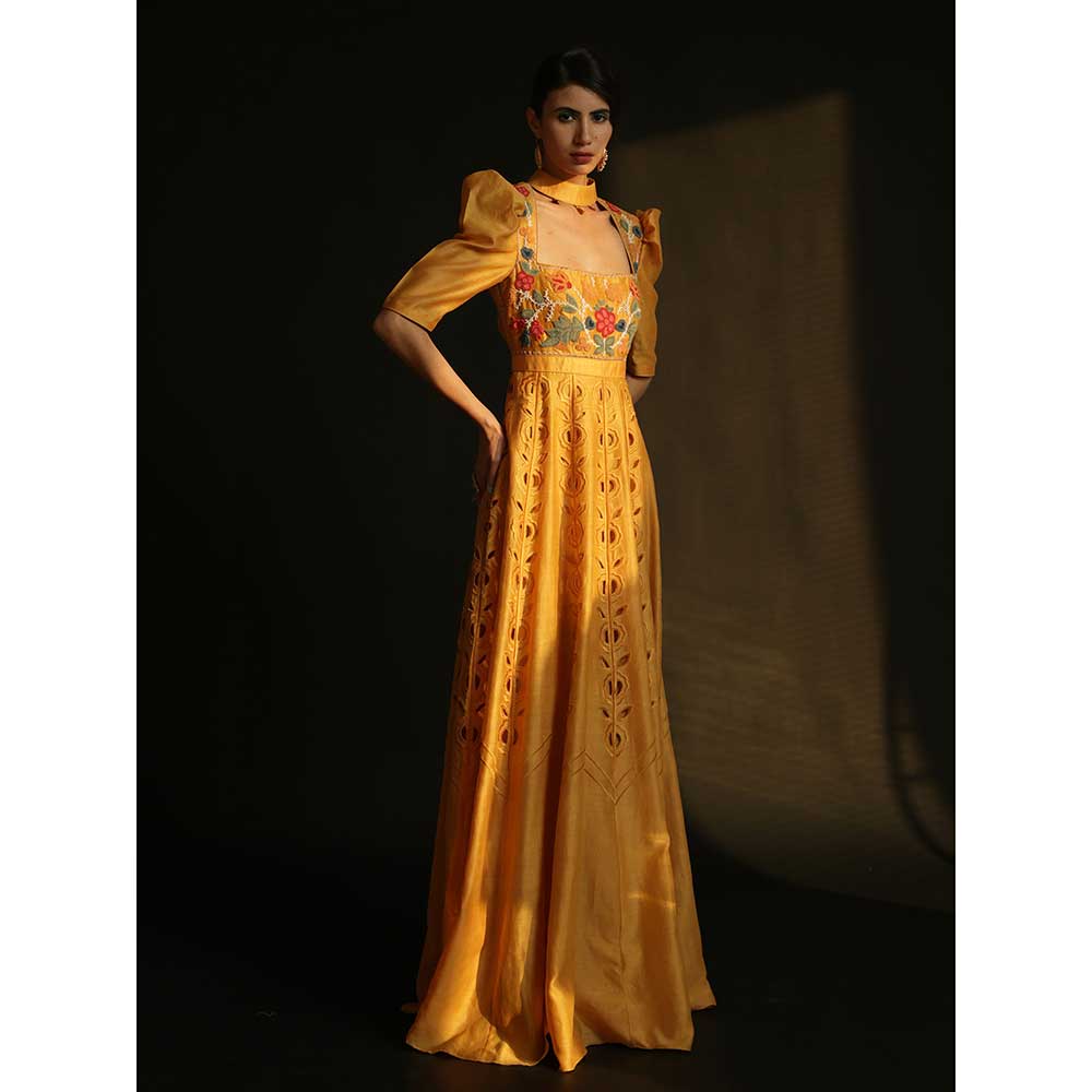 CHANDRIMA Yellow Chanderi Embroidery Maxi Dress