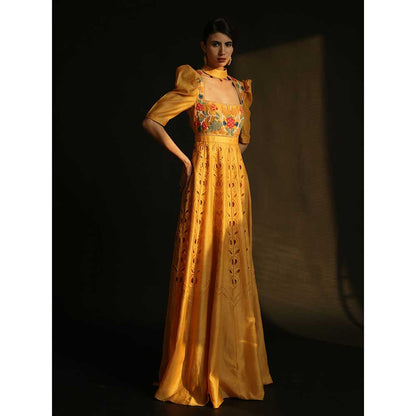 CHANDRIMA Yellow Chanderi Embroidery Maxi Dress