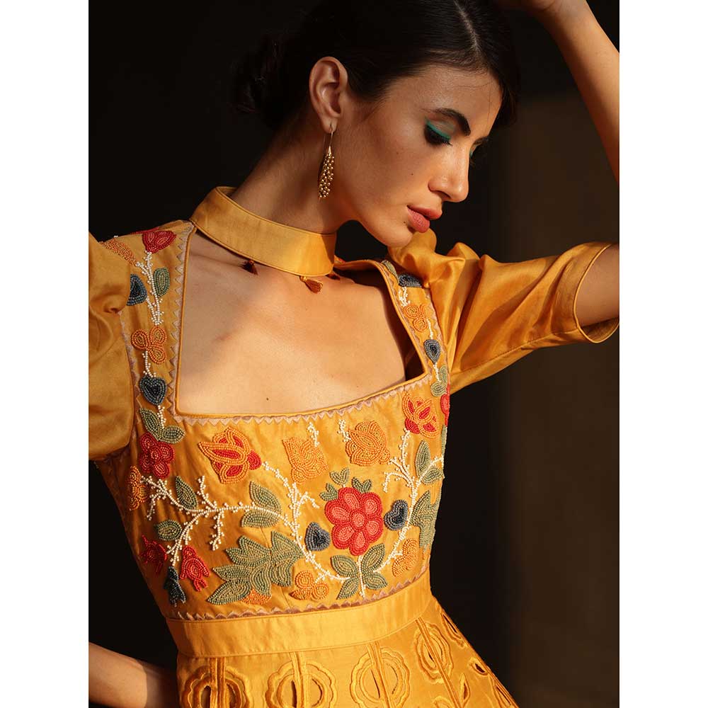 CHANDRIMA Yellow Chanderi Embroidery Maxi Dress