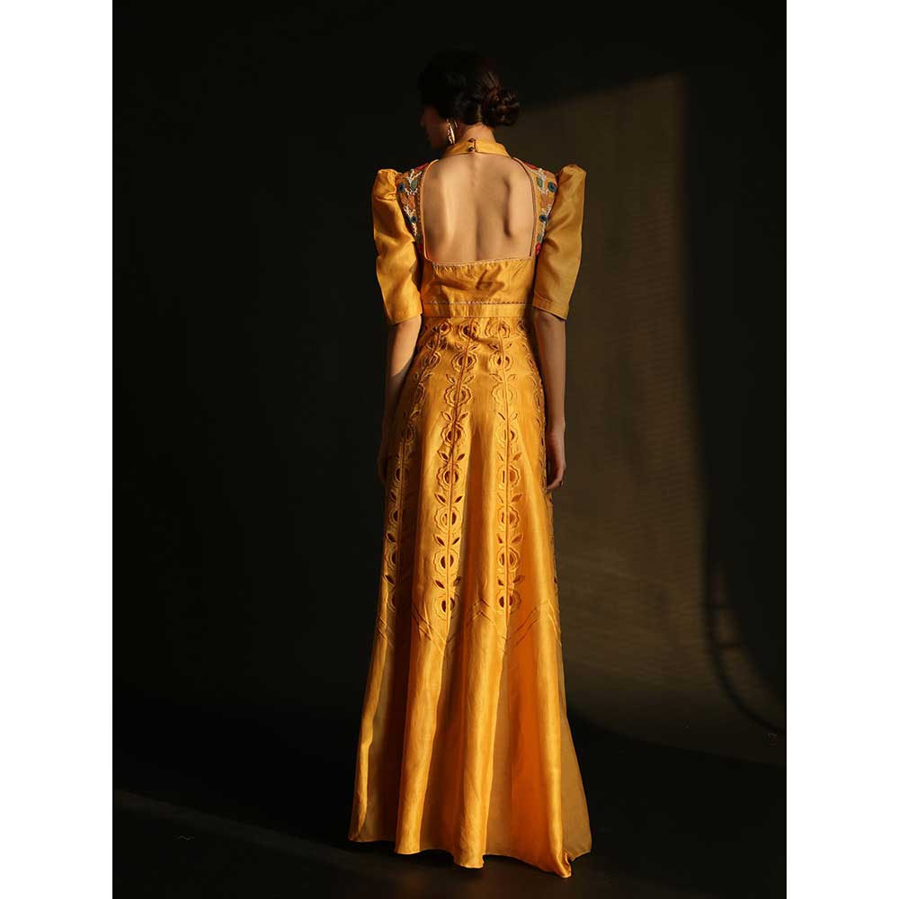 CHANDRIMA Yellow Chanderi Embroidery Maxi Dress