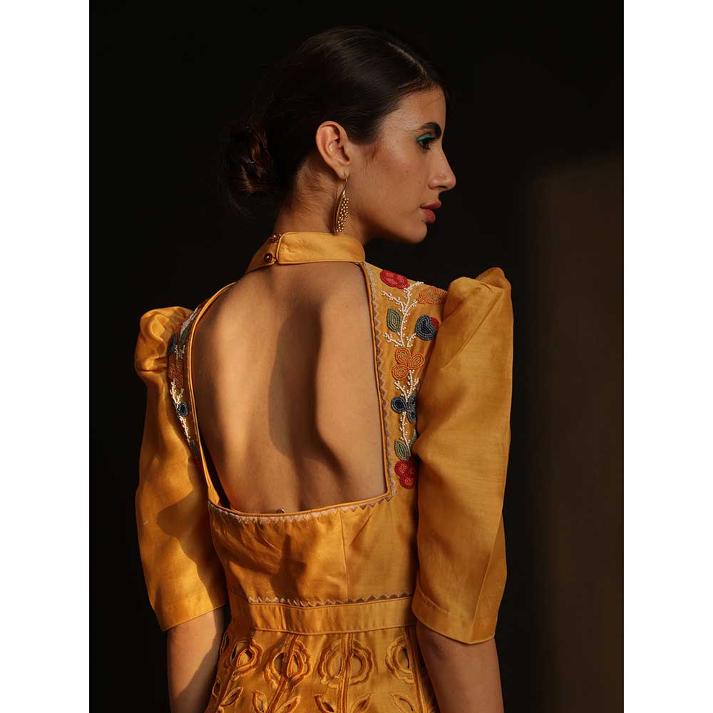 CHANDRIMA Yellow Chanderi Embroidery Maxi Dress