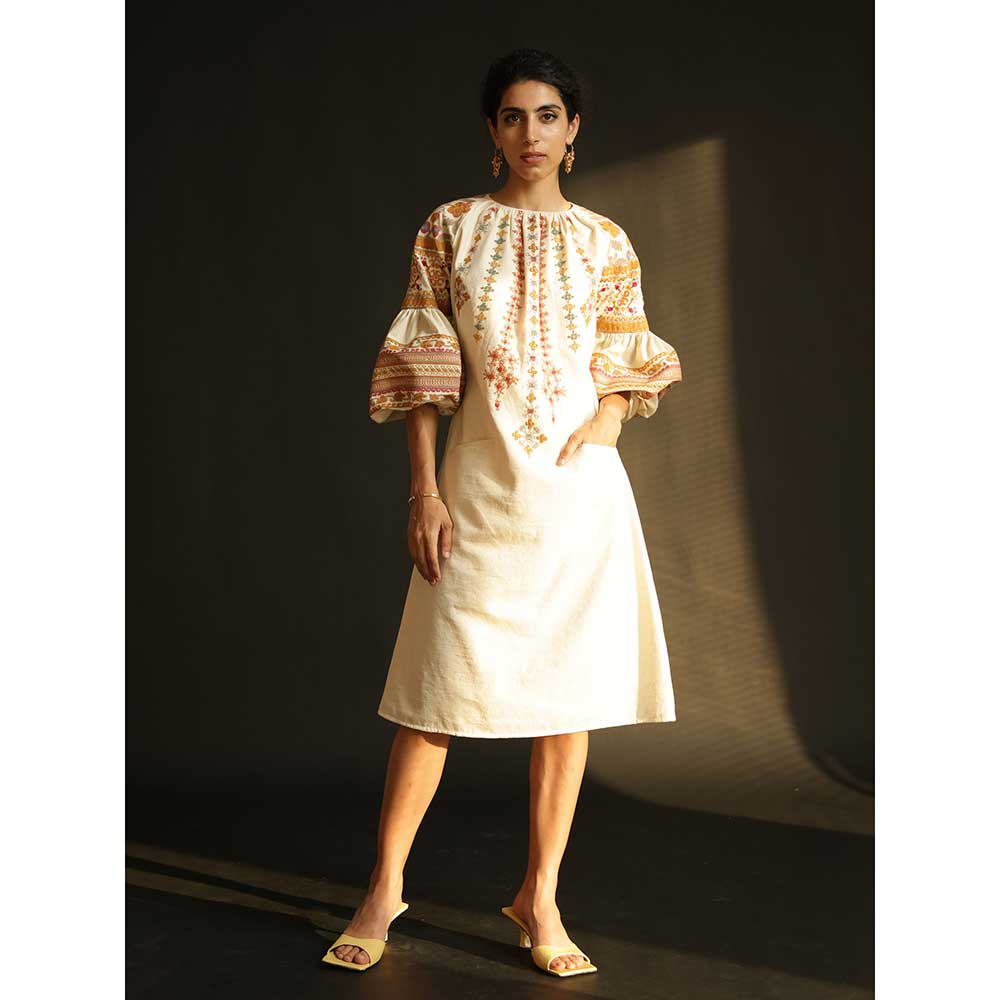 CHANDRIMA Ivory Kala Cotton Embroidered Dress With Balloon Sleeve