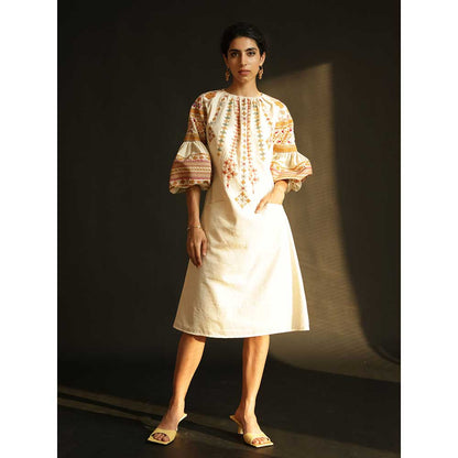 CHANDRIMA Ivory Kala Cotton Embroidered Dress With Balloon Sleeve