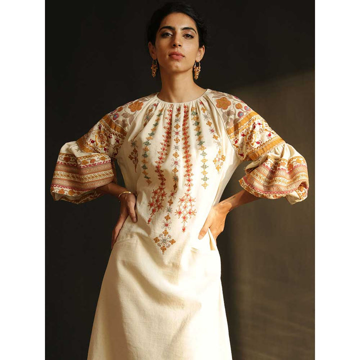 CHANDRIMA Ivory Kala Cotton Embroidered Dress With Balloon Sleeve