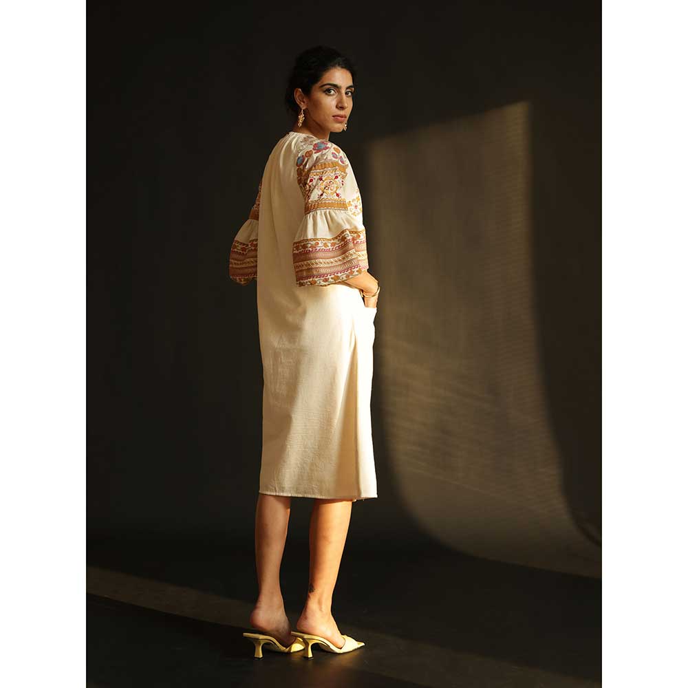 CHANDRIMA Ivory Kala Cotton Embroidered Dress With Balloon Sleeve