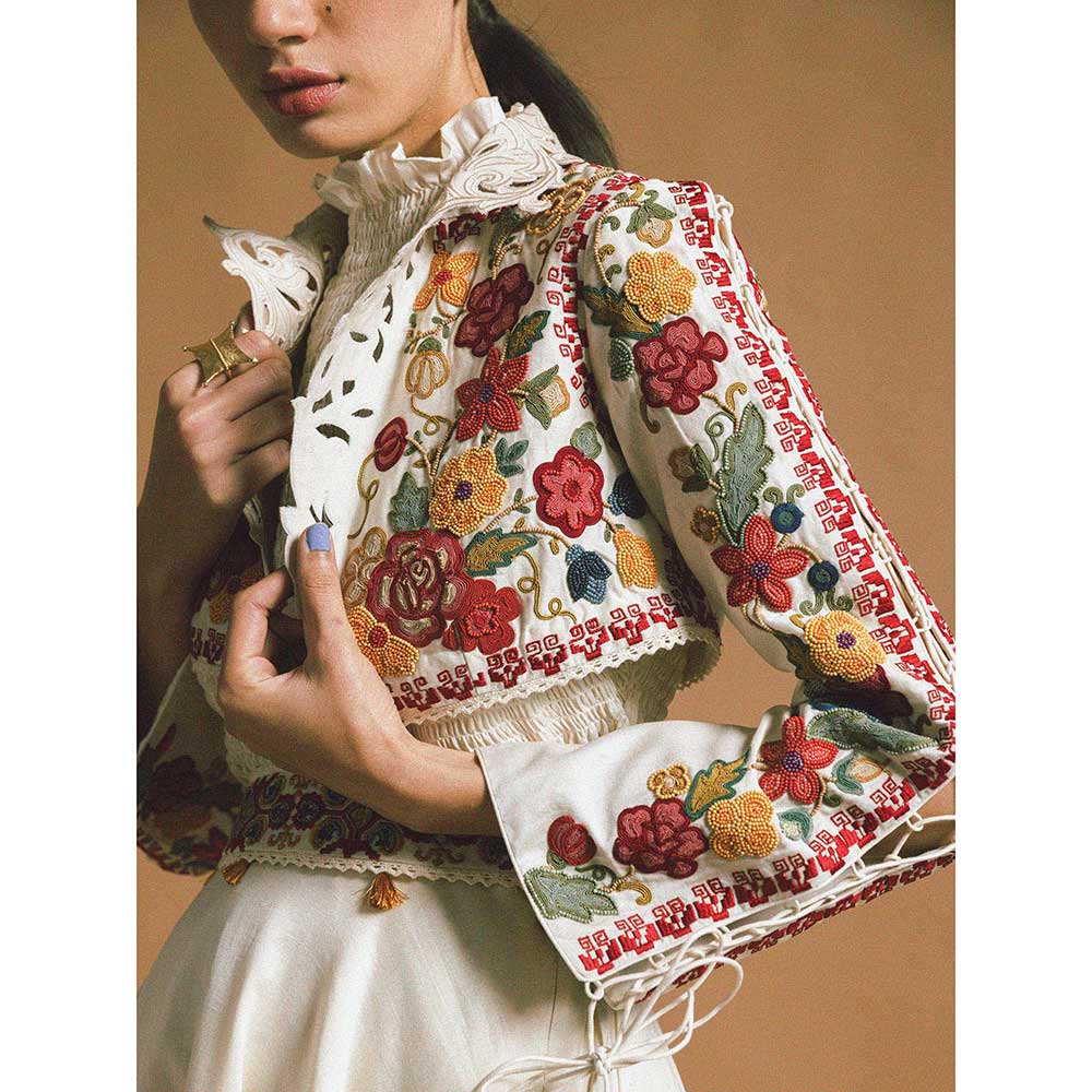 CHANDRIMA Ivory Chanderi Short Bolero Jacket