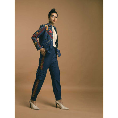 CHANDRIMA Blue Kala Cotton Panelled Short Jacket