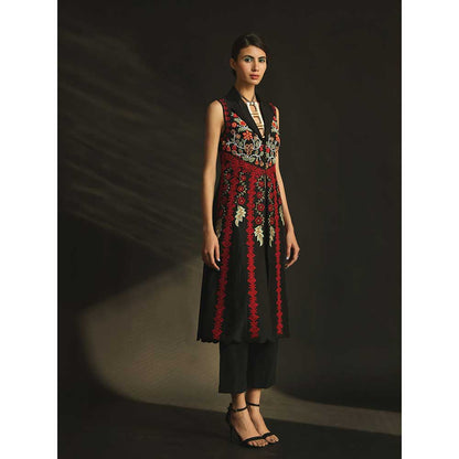 CHANDRIMA Black Chanderi Embroidered Flared Jacket