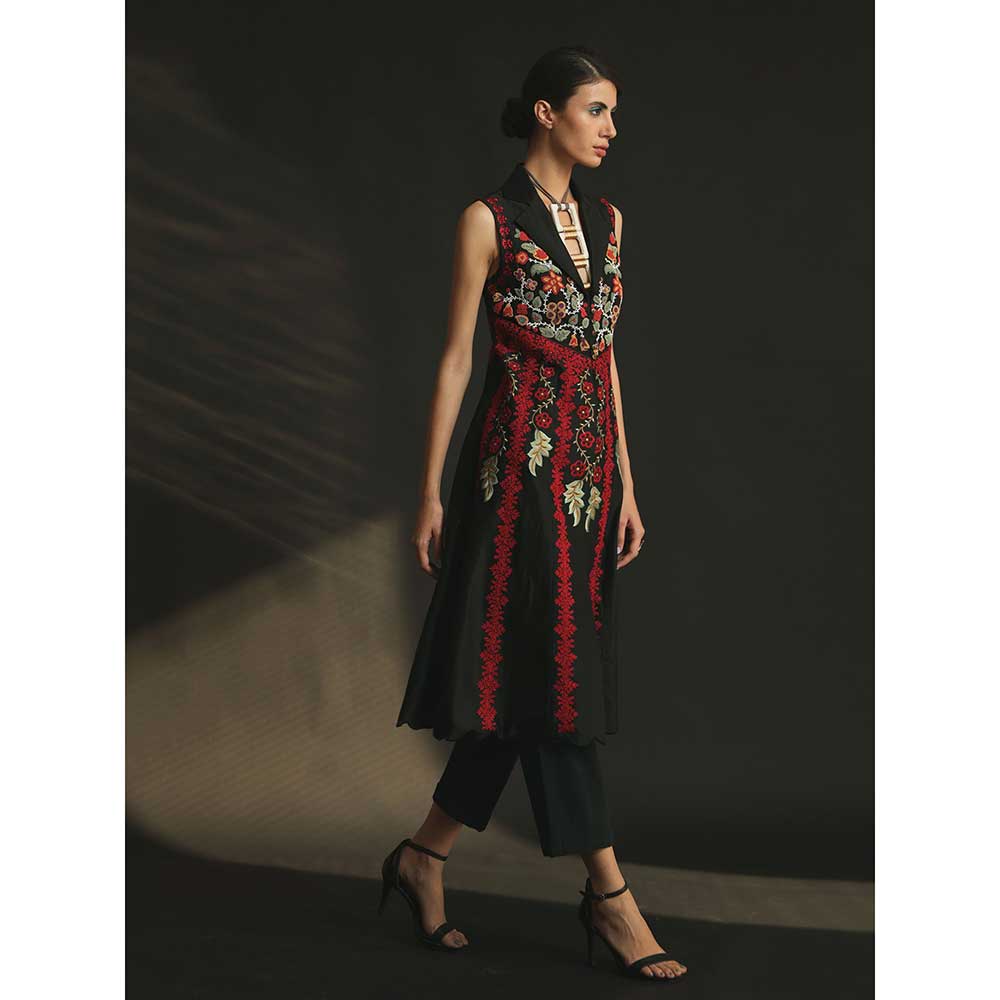 CHANDRIMA Black Chanderi Embroidered Flared Jacket