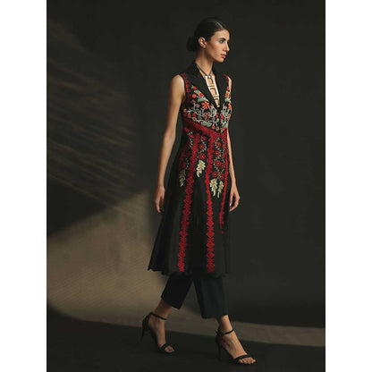 CHANDRIMA Black Chanderi Embroidered Flared Jacket