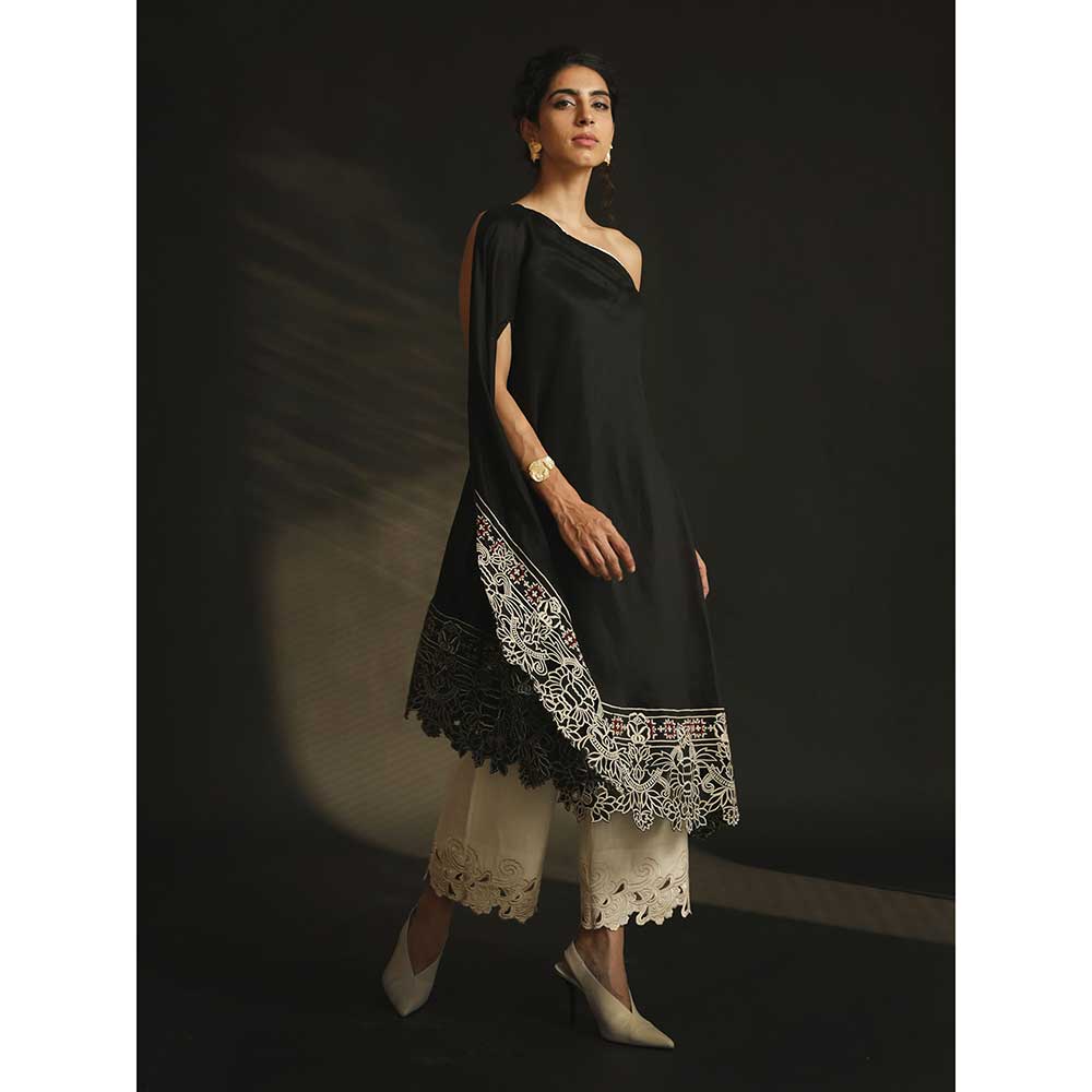 CHANDRIMA Black Off Shoulder Asymmetric Kurta