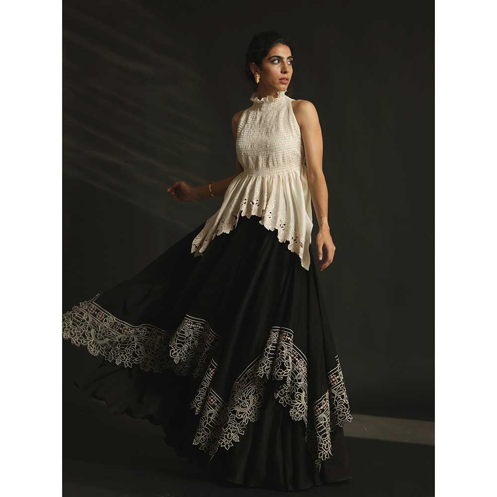 CHANDRIMA Black Asymmetric Layered Lehenga