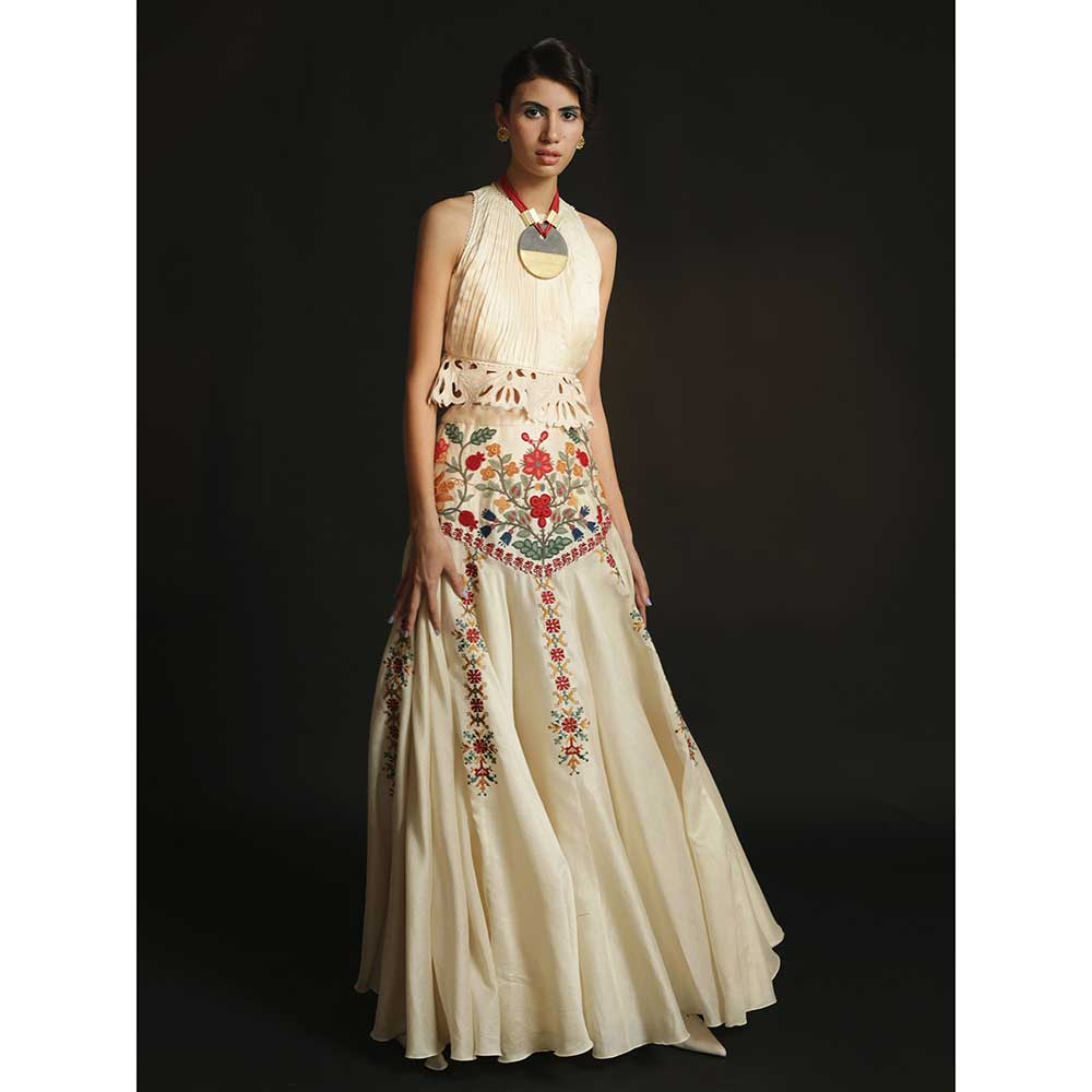 CHANDRIMA Ivory Chanderi Yoke Detail Lehenga