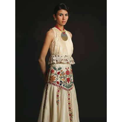 CHANDRIMA Ivory Chanderi Yoke Detail Lehenga