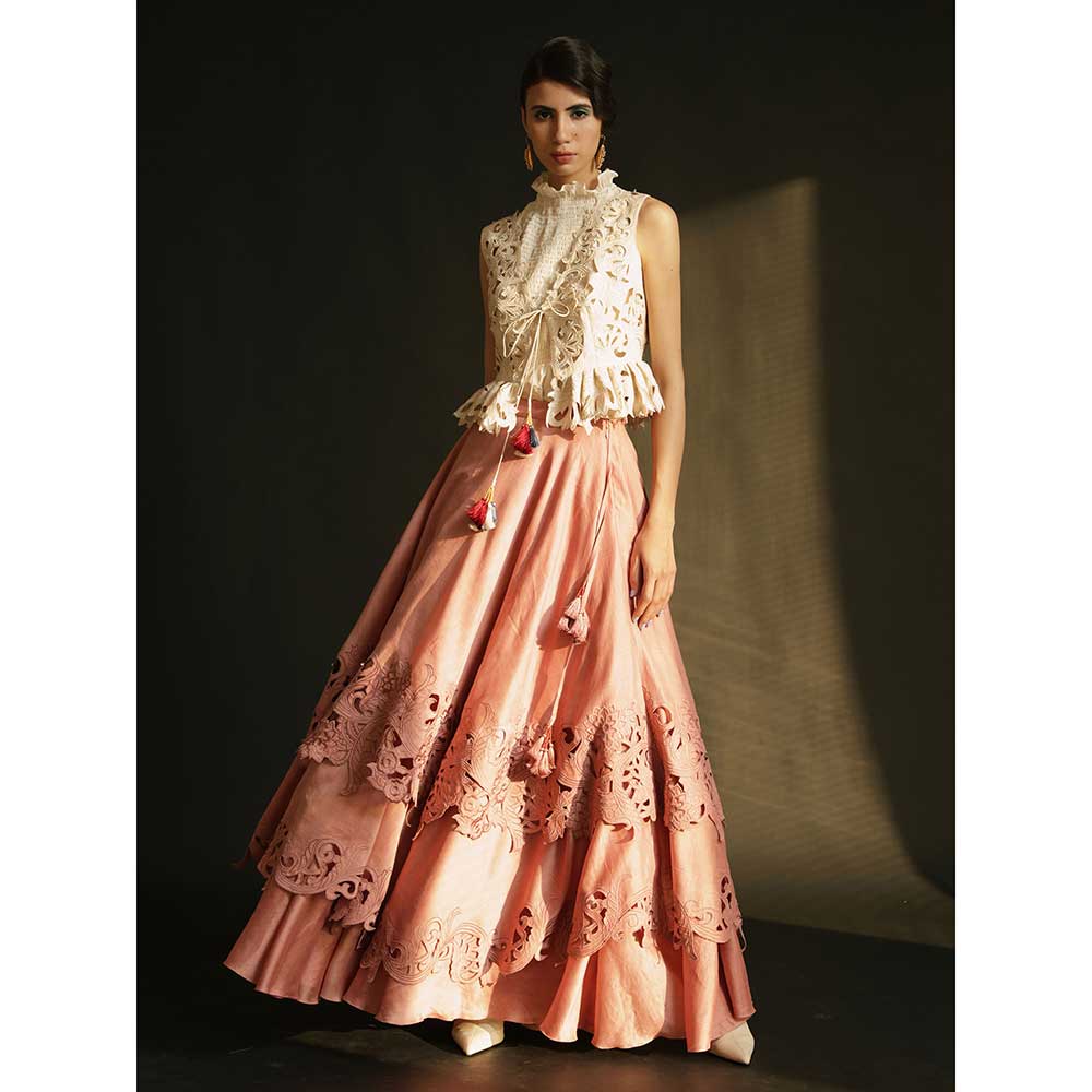 CHANDRIMA Pink Cutwork Layered Lehenga