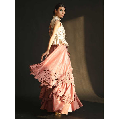 CHANDRIMA Pink Cutwork Layered Lehenga