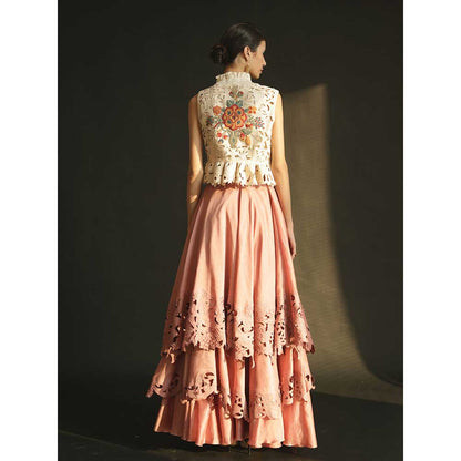 CHANDRIMA Pink Cutwork Layered Lehenga