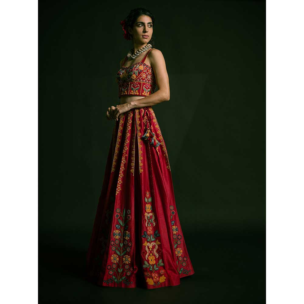 CHANDRIMA Red Pleated Embroidered Lehenga