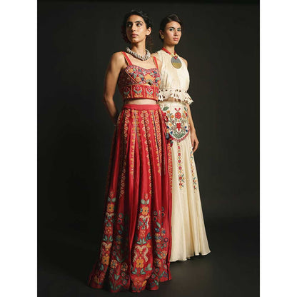 CHANDRIMA Red Pleated Embroidered Lehenga