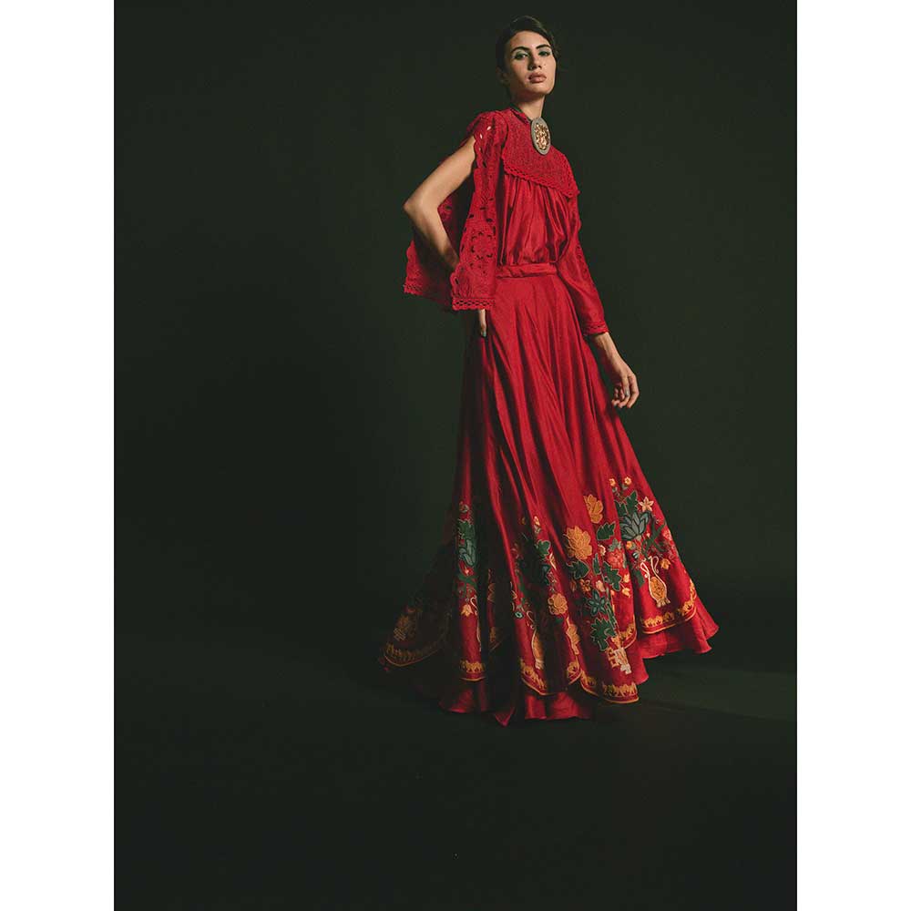 CHANDRIMA Red Scallop Embroidered Lehenga