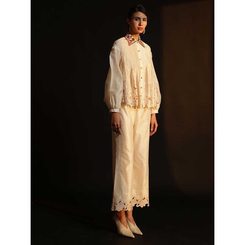 CHANDRIMA Ivory Chanderi Cutwork Pants