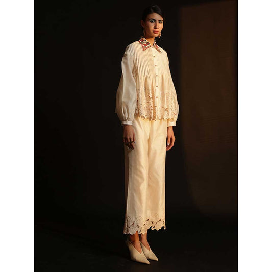 CHANDRIMA Ivory Chanderi Cutwork Pants