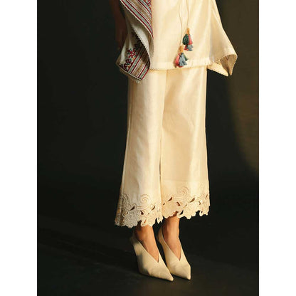 CHANDRIMA Ivory Chanderi Cutwork Pants