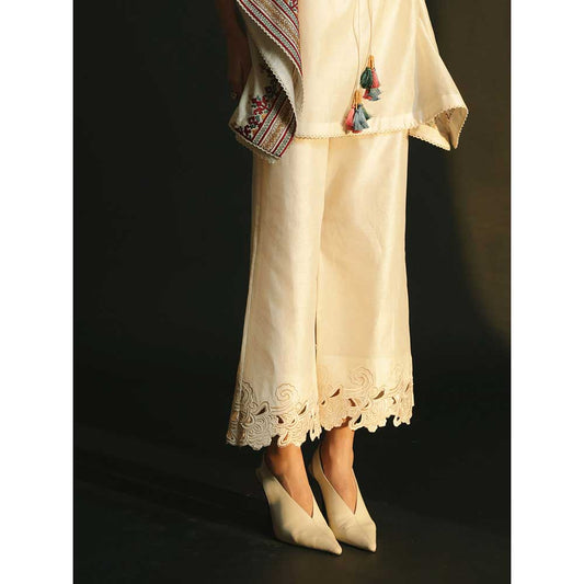 CHANDRIMA Ivory Chanderi Cutwork Pants