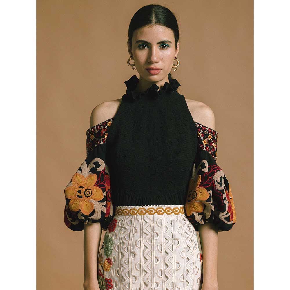 CHANDRIMA Black Kala Cotton Embroidered Smocked Top