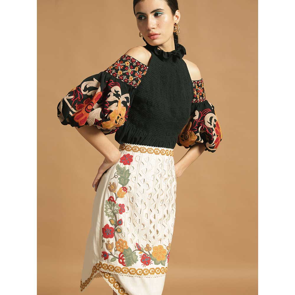 CHANDRIMA Black Kala Cotton Embroidered Smocked Top