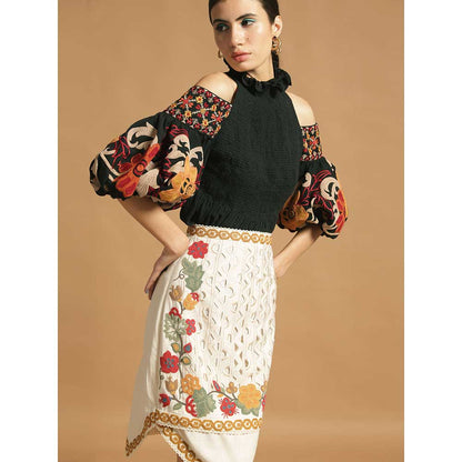 CHANDRIMA Black Kala Cotton Embroidered Smocked Top