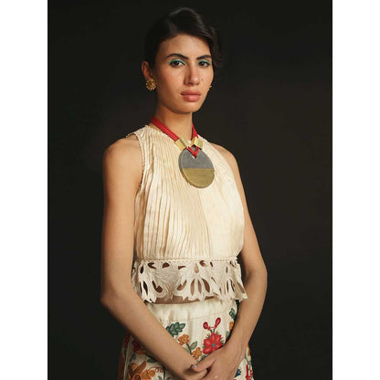 CHANDRIMA Ivory Micro Pleated Peplum Top