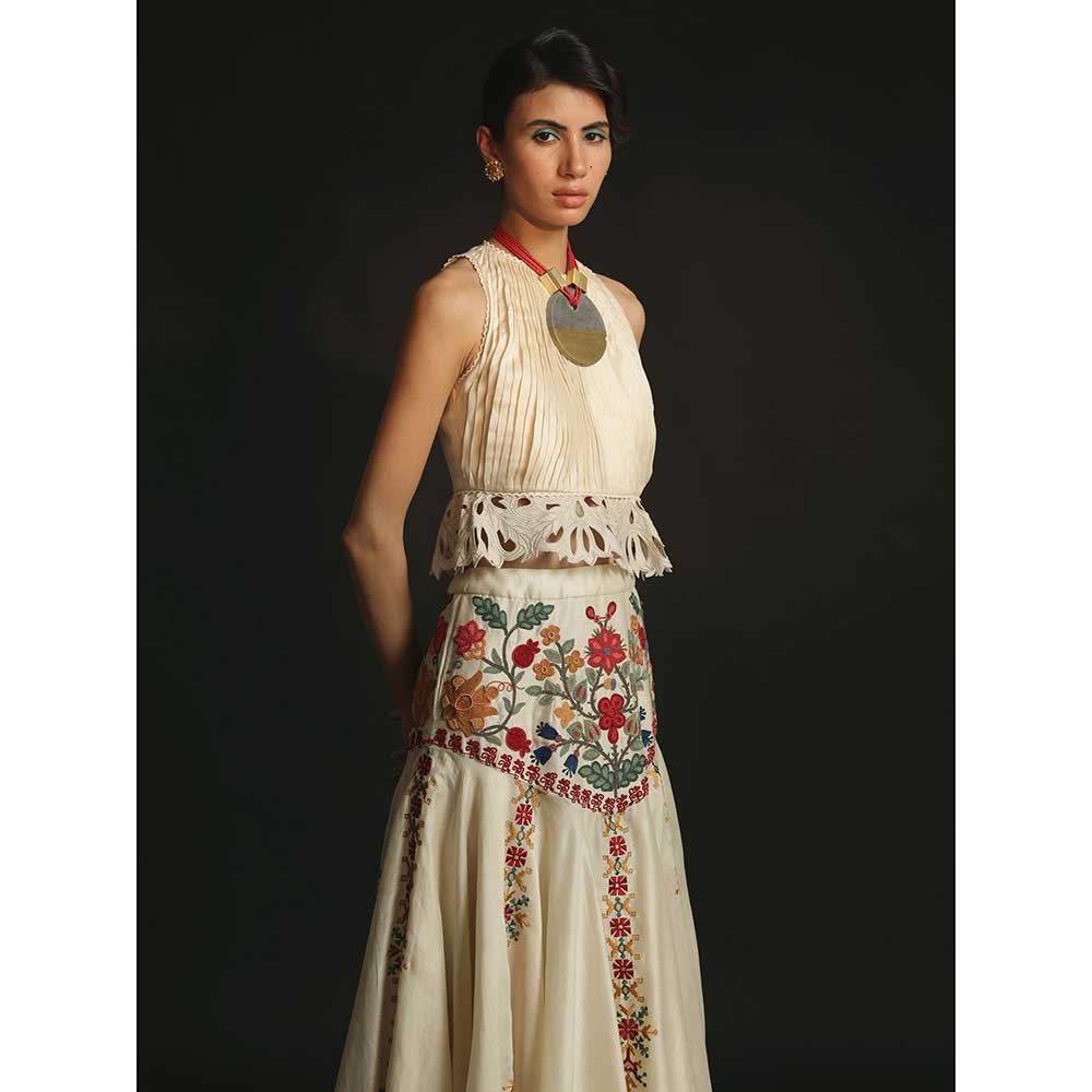 CHANDRIMA Ivory Micro Pleated Peplum Top