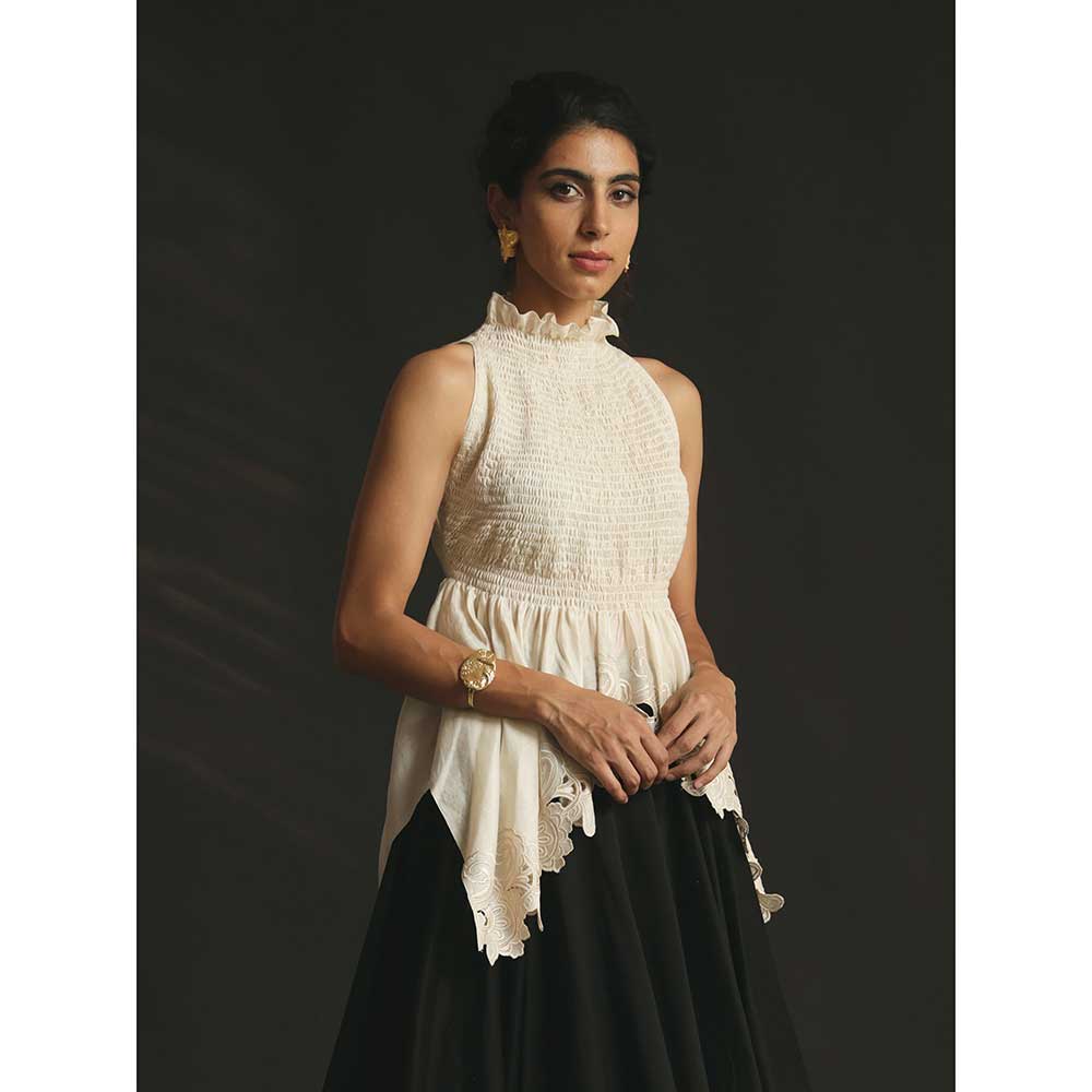 CHANDRIMA Ivory Smocked Cutwork Top