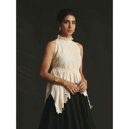 CHANDRIMA Ivory Smocked Cutwork Top