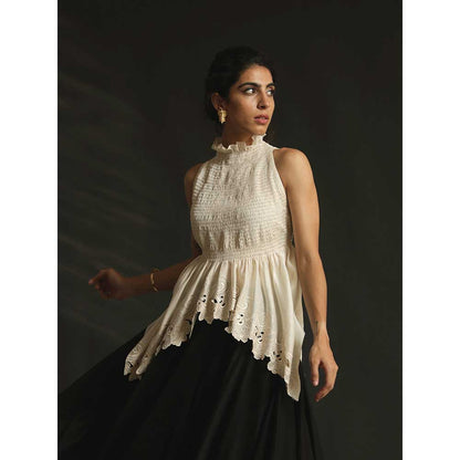 CHANDRIMA Ivory Smocked Cutwork Top