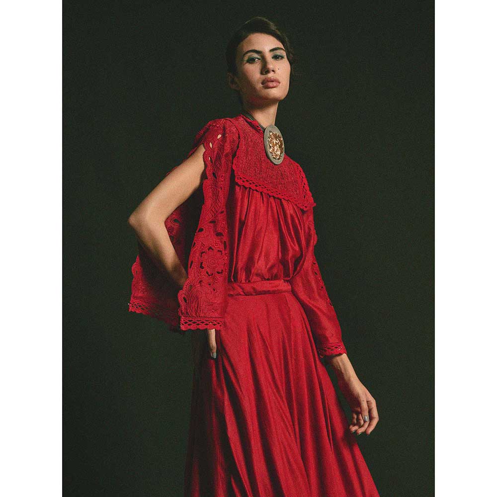 CHANDRIMA Red Smocked Yoke Chanderi Cutwork Top